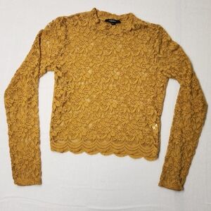 Ambiance Womens Golden Floral Sheer Lace Scalloped Cropped Top Boho Fairy Sz S